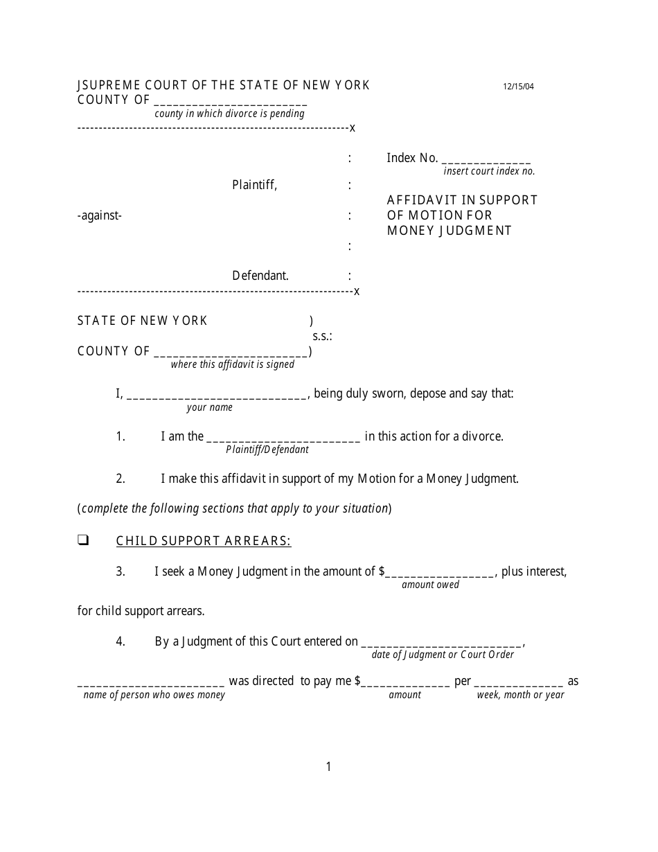Affidavit in Support of Motion for Money Judgment - New York, Page 1