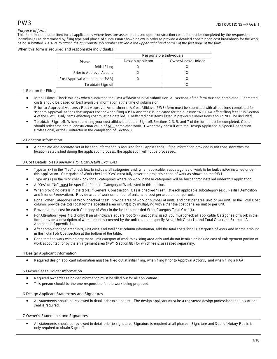 Instructions for Form PW3 Cost Affidavit - New York City, Page 1