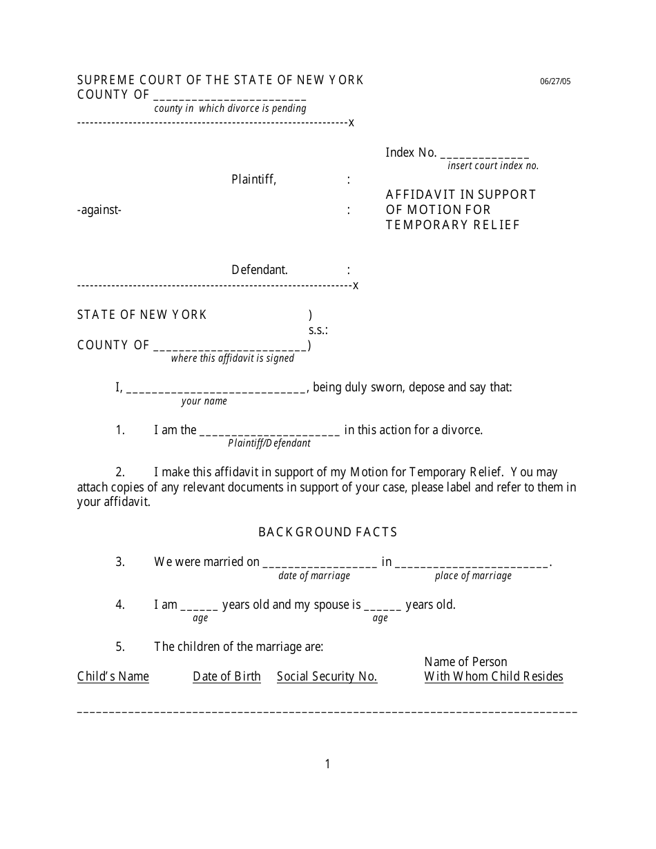 Affidavit in Support of Motion for Temporary Relief - New York, Page 1