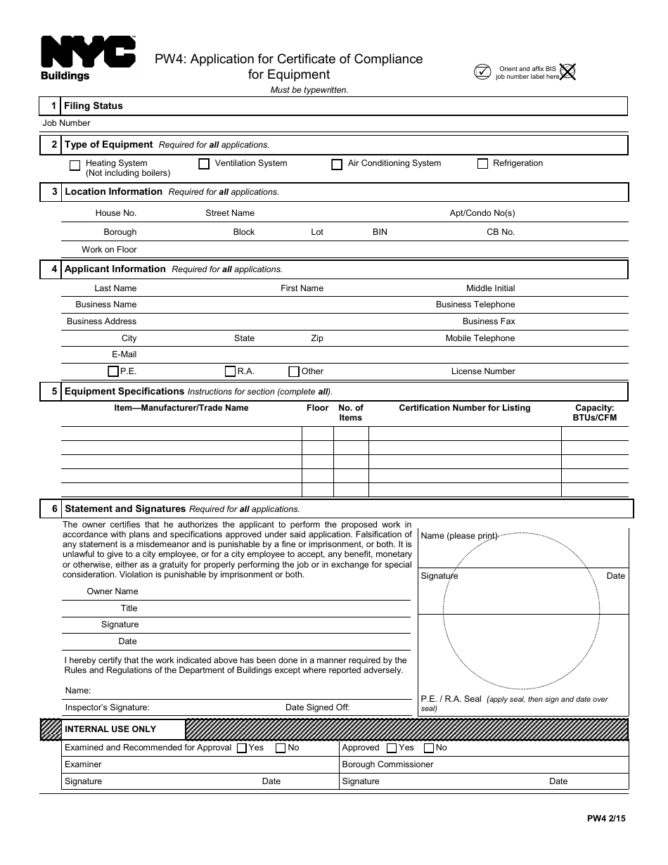 Form PW4 Application for Certificate of Compliance for Equipment - New York City, Page 1