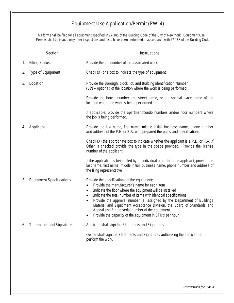 Instructions for Form PW-4 Equipment Use Application / Permit - New York City, Page 1