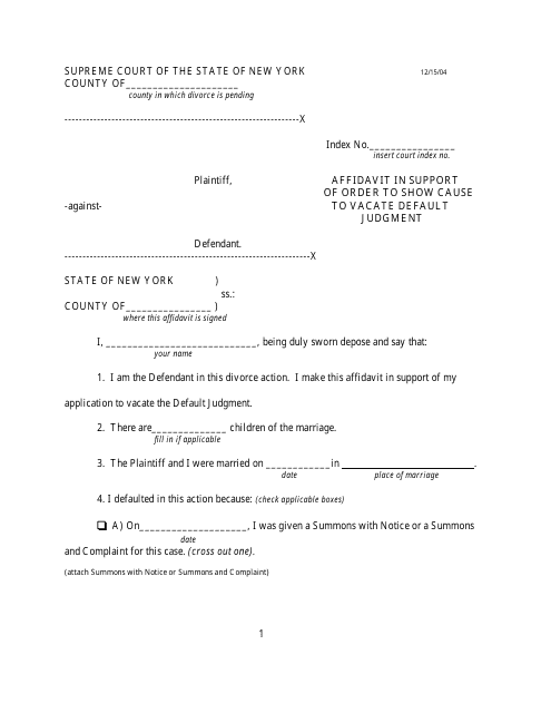 Affidavit in Support of Order to Show Cause to Vacate Default Judgment - New York Download Pdf