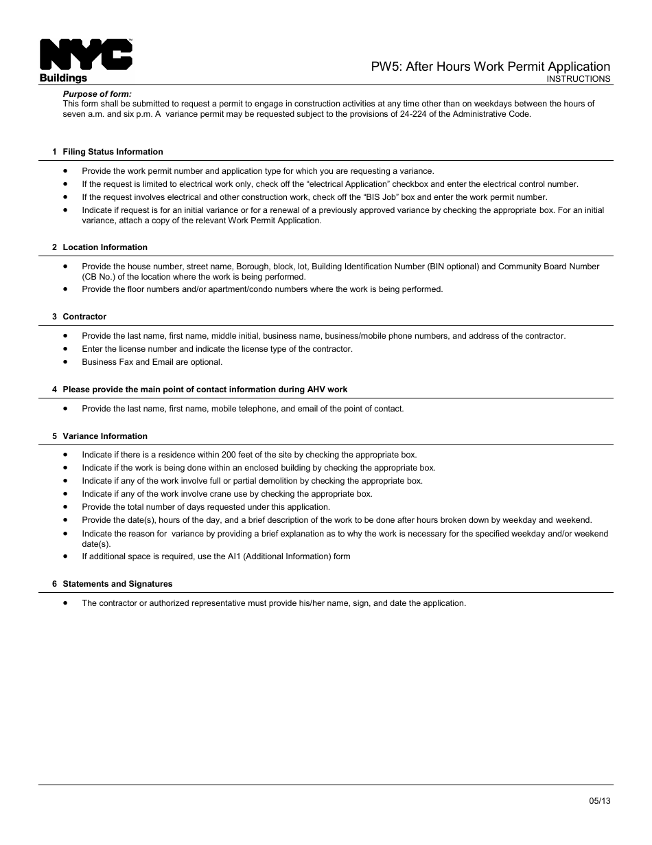 Instructions for Form PW5 After Hours Work Permit Application - New York City, Page 1