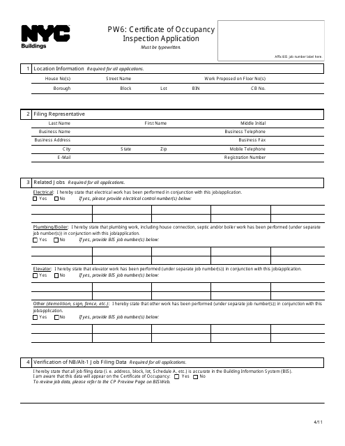 Form PW6 Certificate of Occupancy Inspection Application - New York City