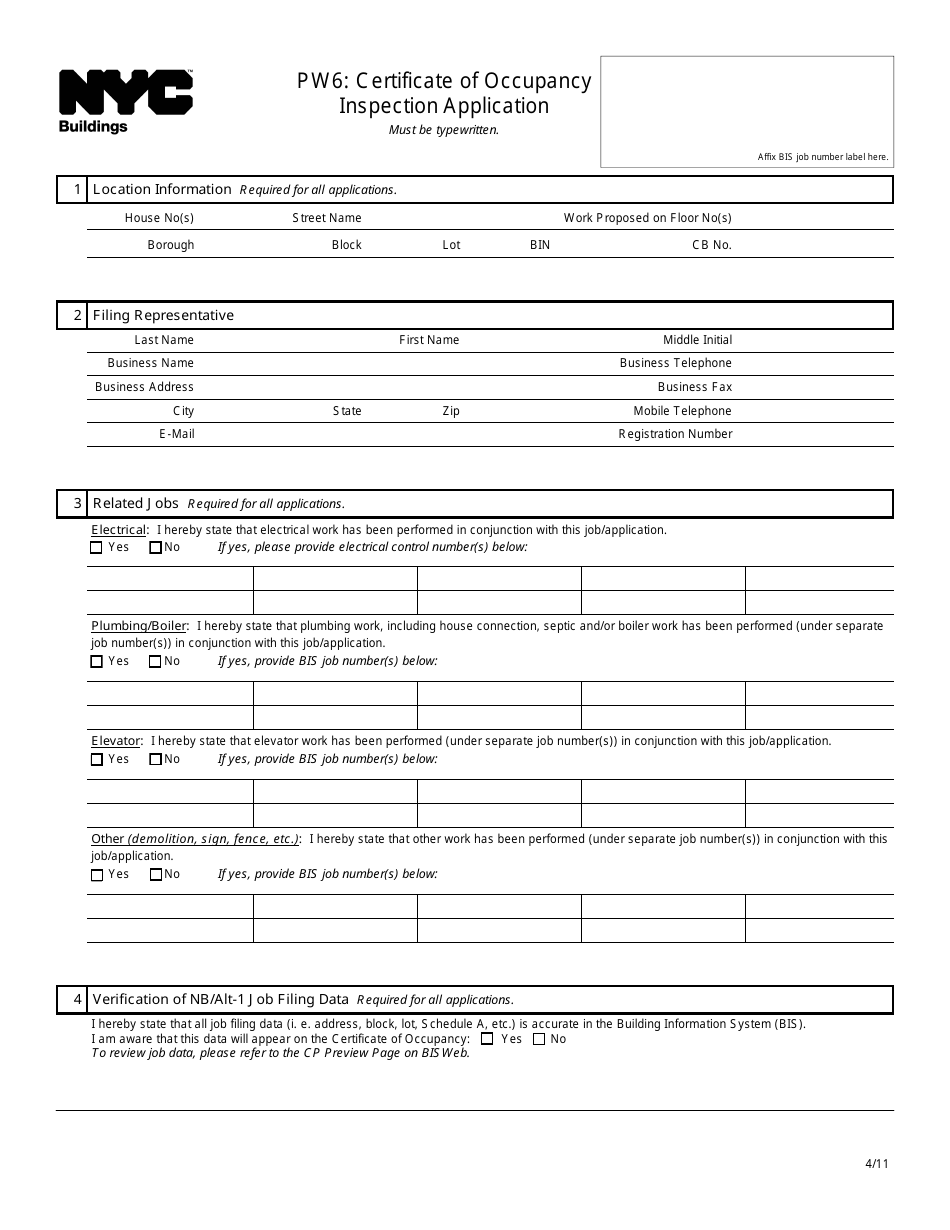 Form PW6 Certificate of Occupancy Inspection Application - New York City, Page 1