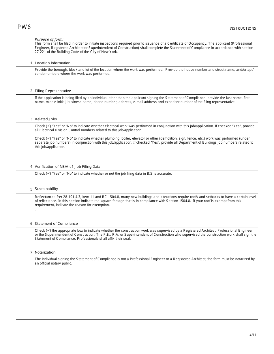 Instructions for Form PW6 Certificate of Occupancy Inspection Application - New York City, Page 1
