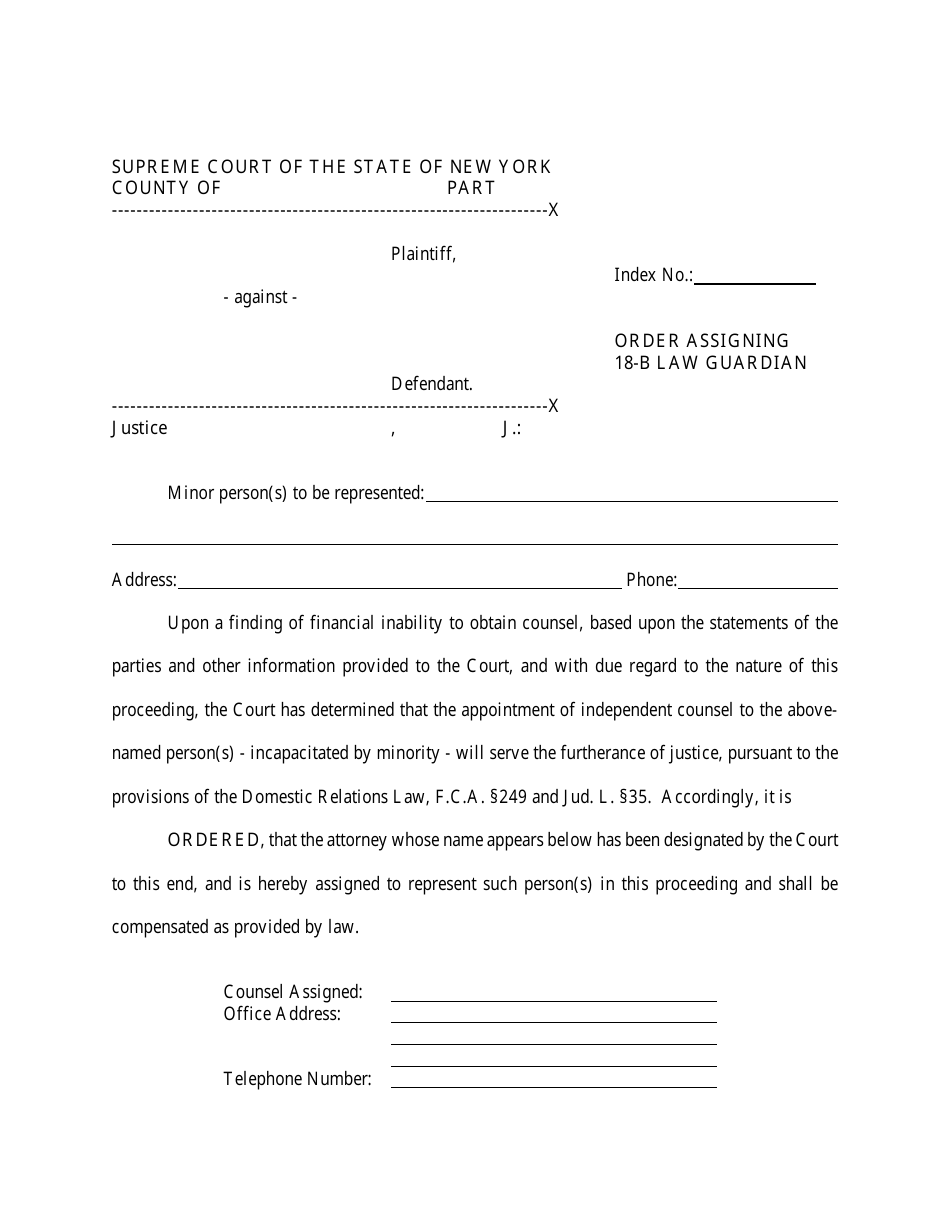 Order Assigning 18-b Law Guardian - New York, Page 1
