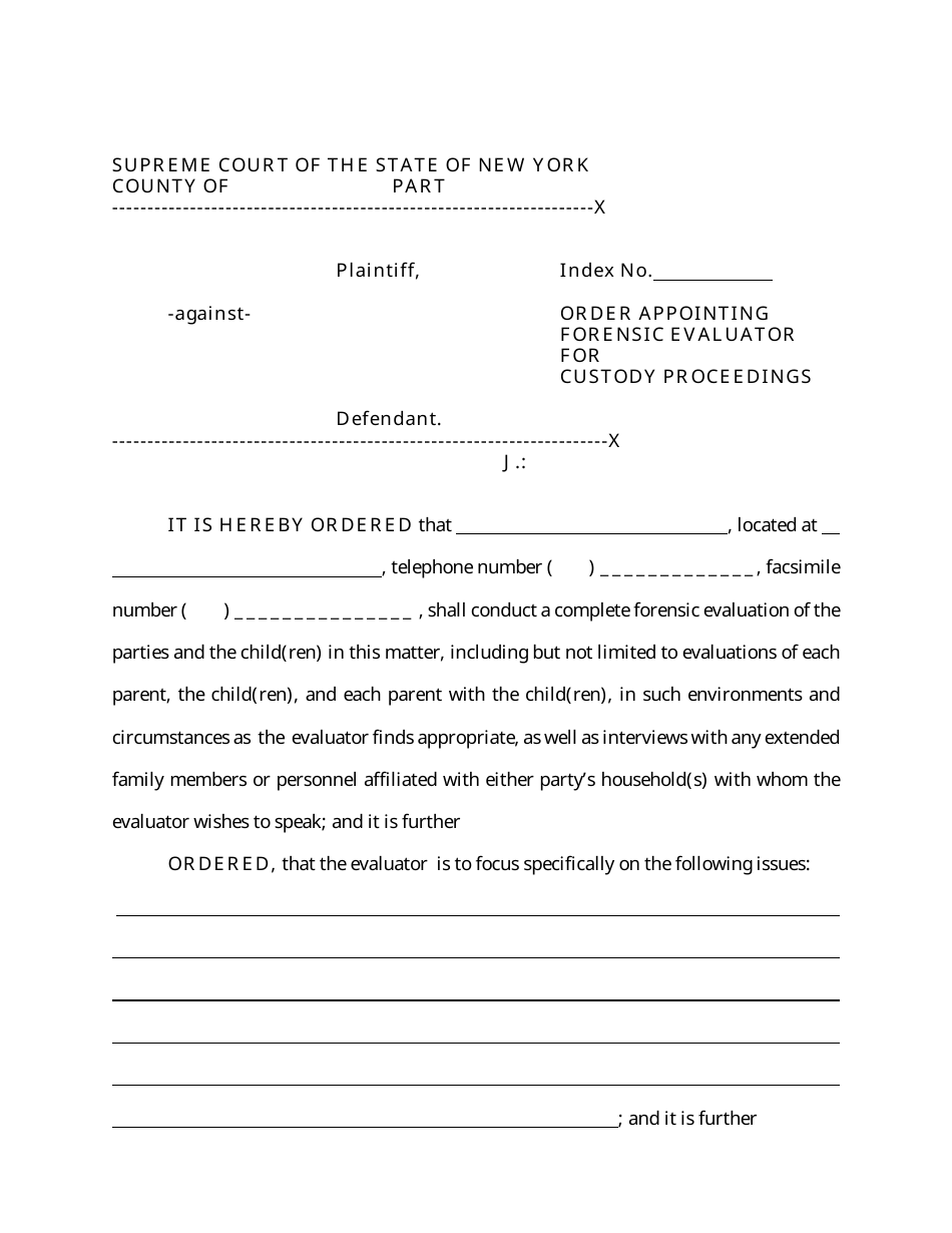 Order Appointing Forensic Evaluator for Custody Proceedings - New York, Page 1