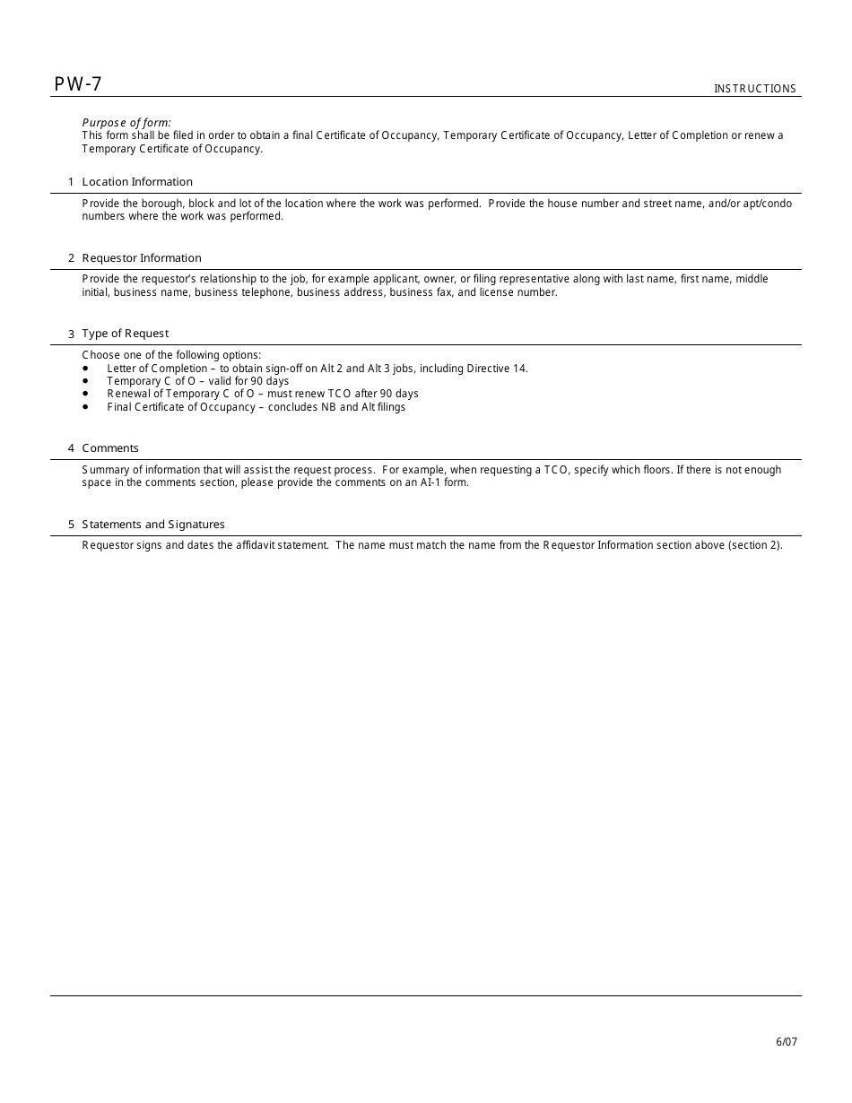 Instructions for Form PW-7 Certificate of Occupancy / Letter of Completion Folder Review Request - New York City, Page 1