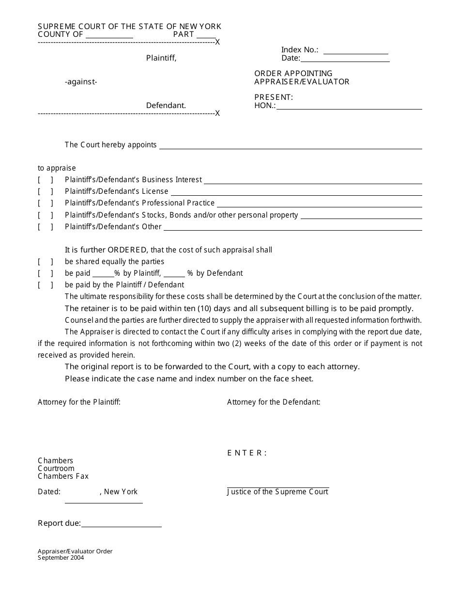 Order Appointing Appraiser / Evaluator - New York, Page 1