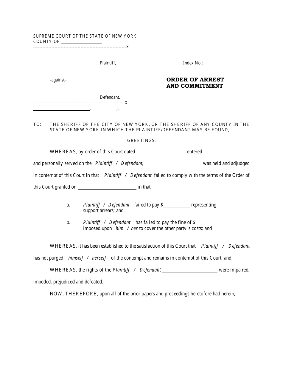 Order of Arrest and Commitment - New York, Page 1