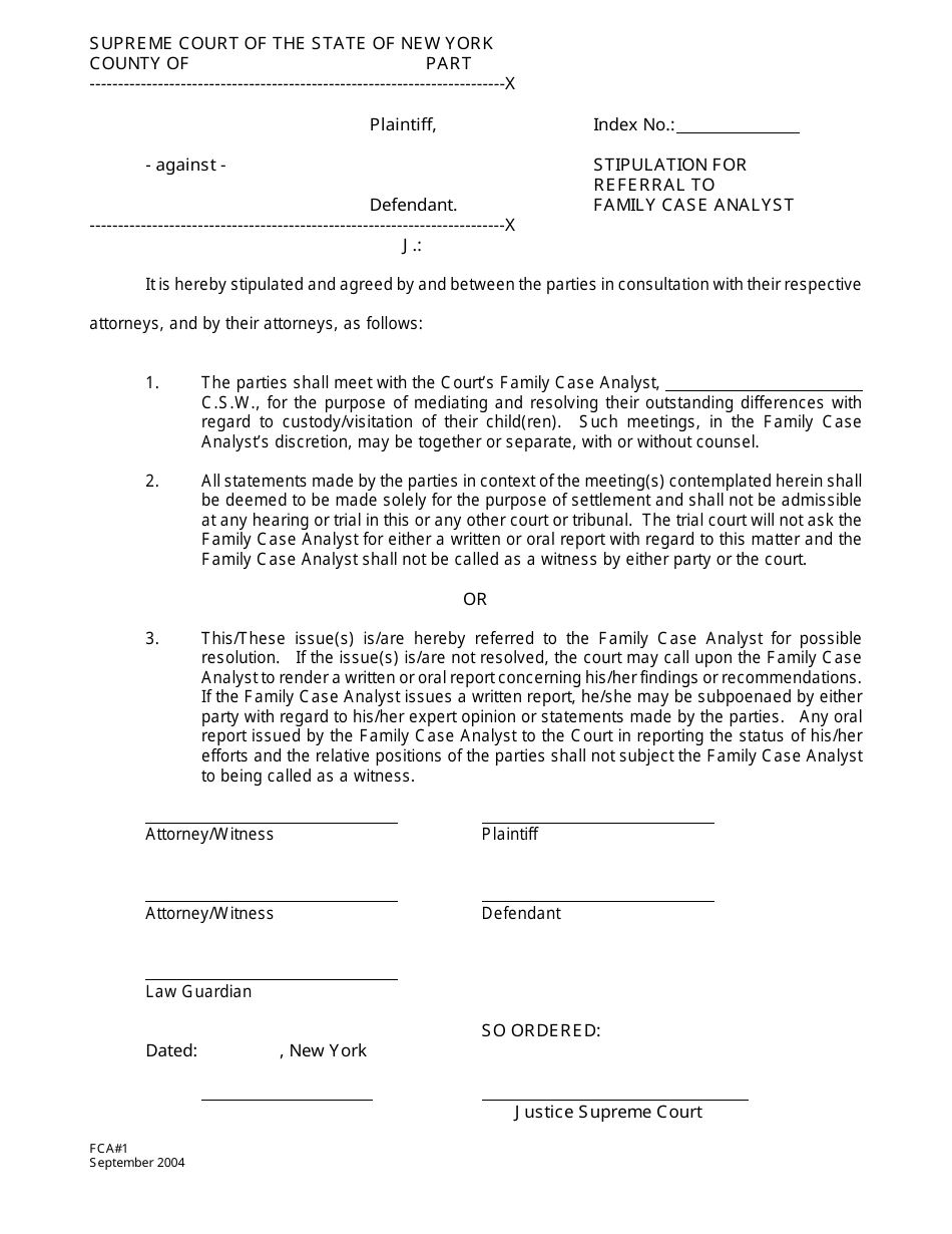 Form FCA1 Stipulation for Referral to Family Case Analyst - New York, Page 1