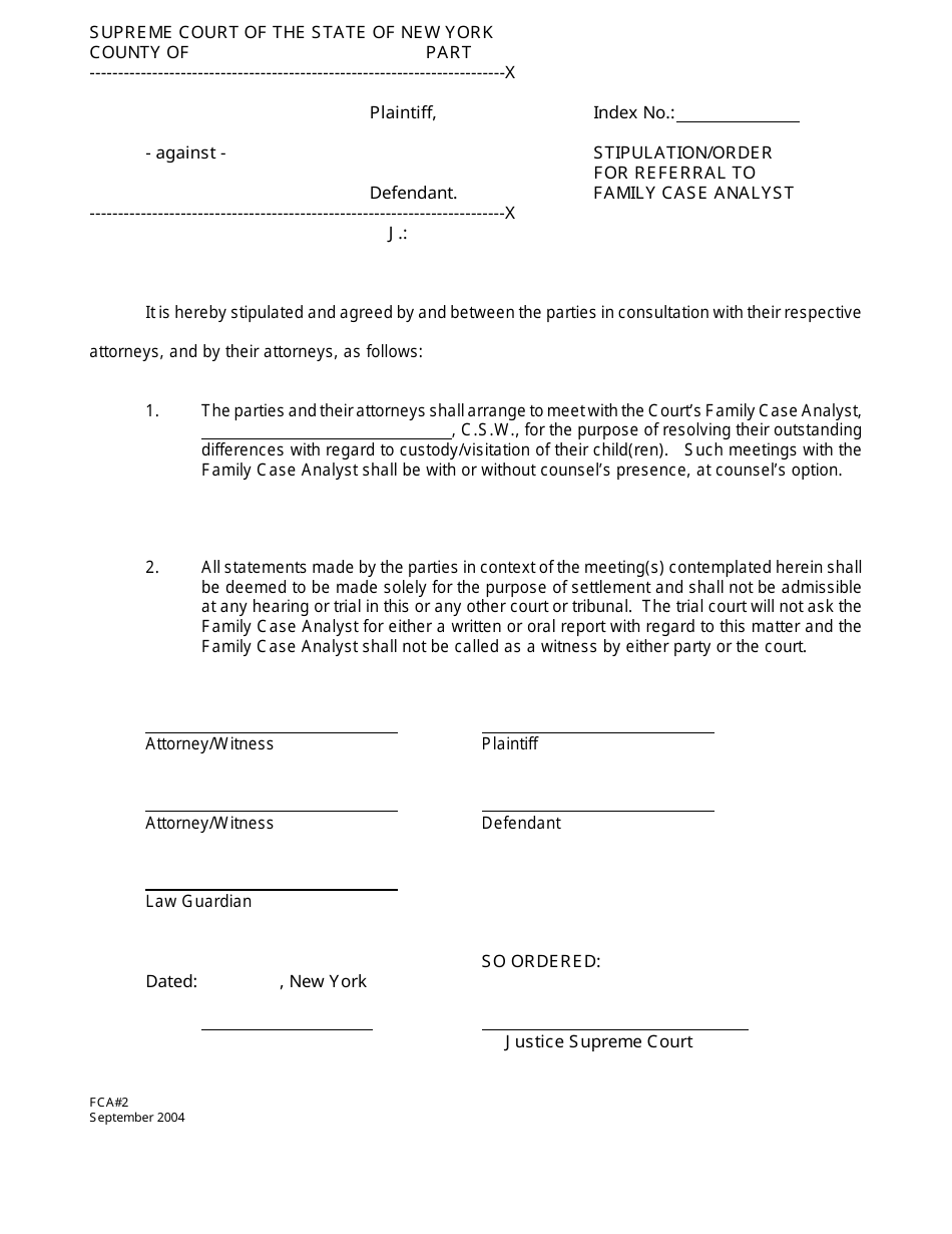 Form FCA2 Stipulation / Order for Referral to Family Case Analyst - New York, Page 1