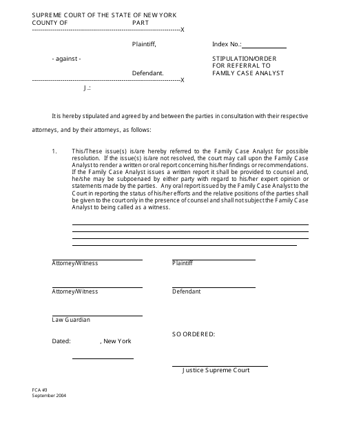 Form FCA3 Stipulation/Order for Referral to Family Case Analyst - New York