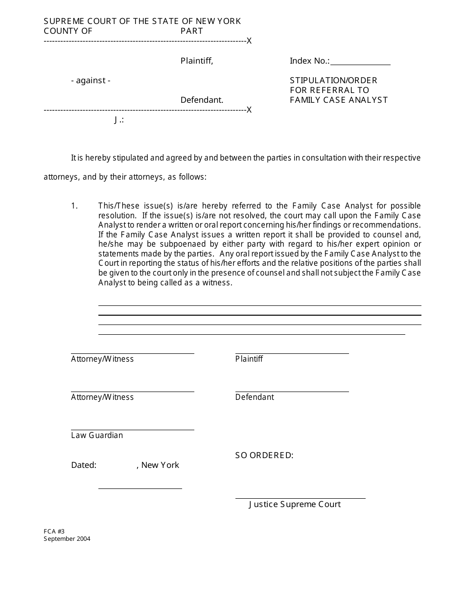 Form FCA3 Stipulation / Order for Referral to Family Case Analyst - New York, Page 1