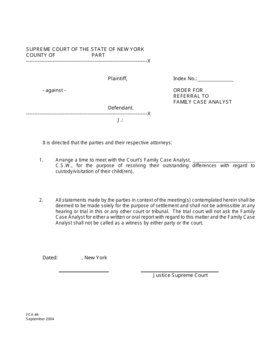 Form FCA4 Order for Referral to Family Case Analyst - New York, Page 1