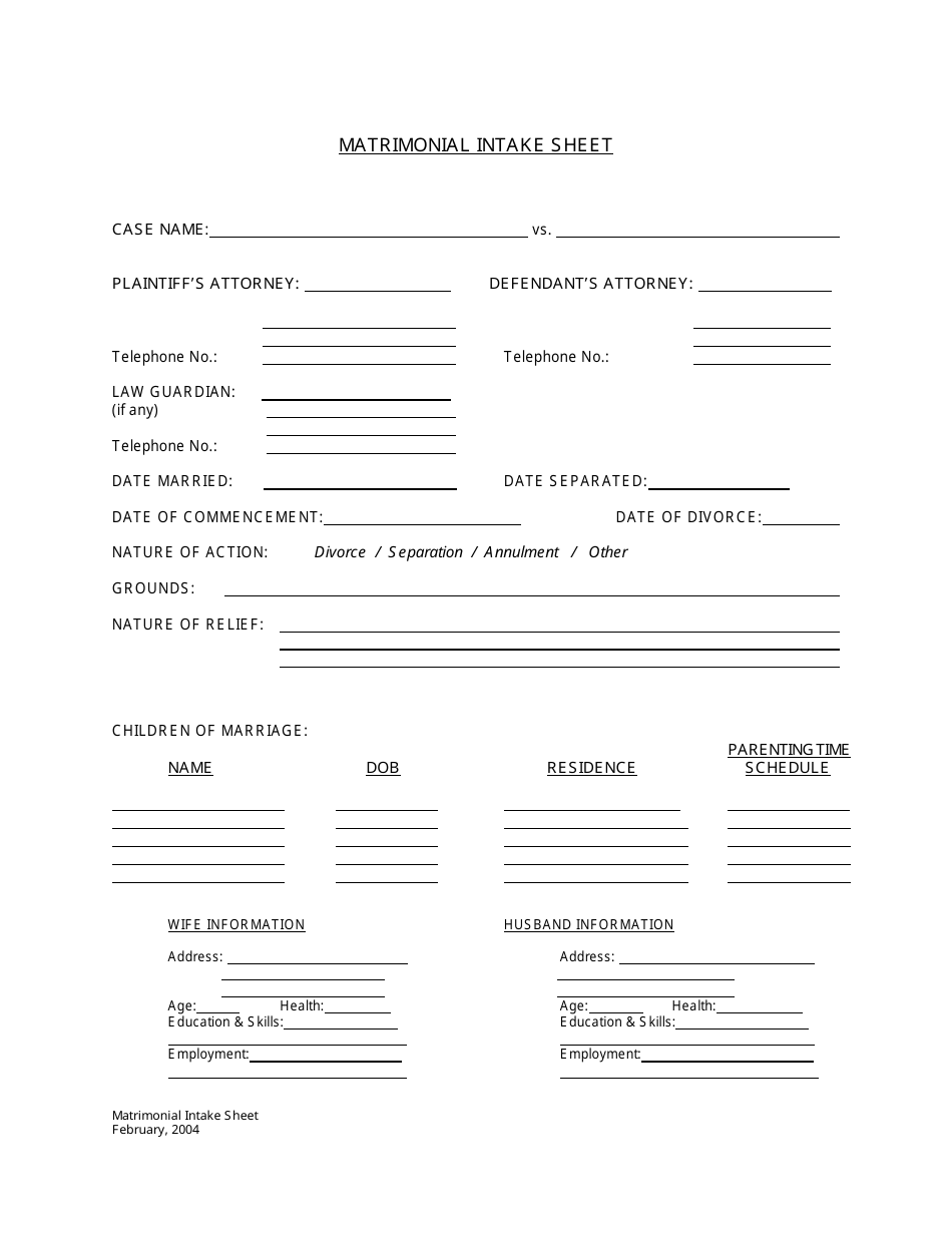 Matrimonial Intake Sheet - New York, Page 1