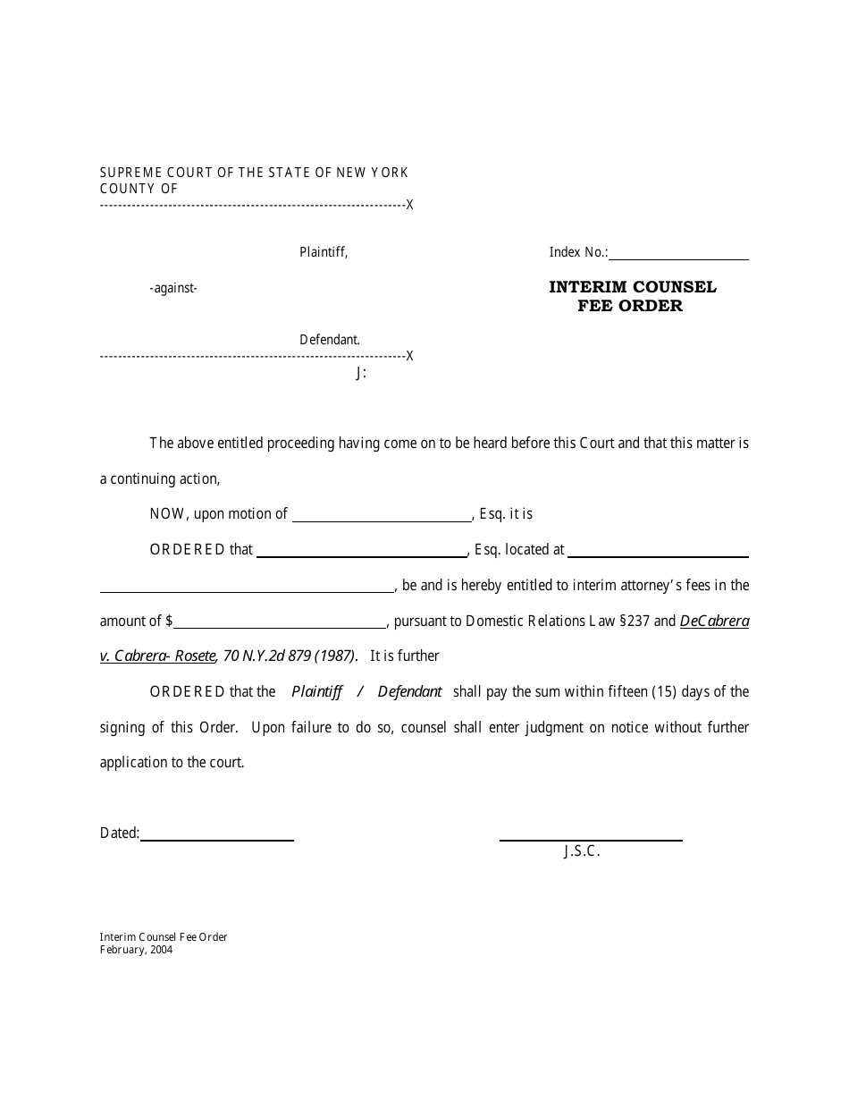 Interim Counsel Fee Order - New York, Page 1