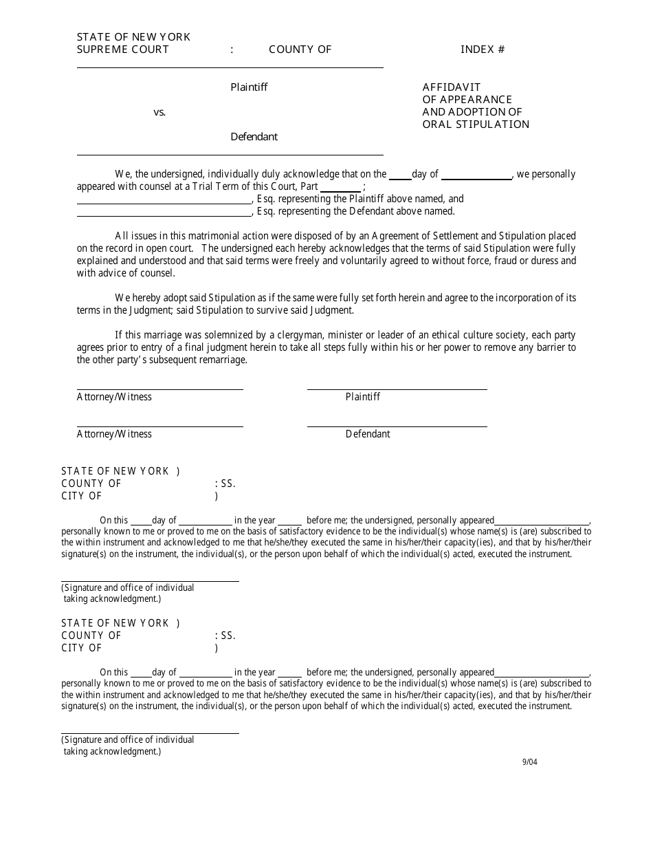 Affidavit of Appearance and Adoption of Oral Stipulation - New York, Page 1