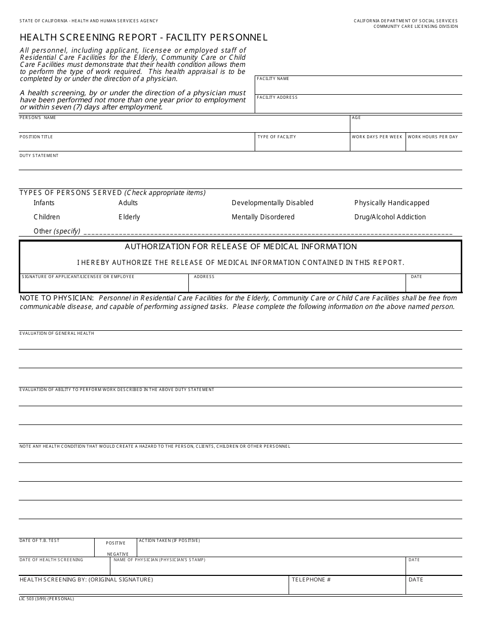 Form LIC503 Health Screening Report - Facility Personnel - California, Page 1