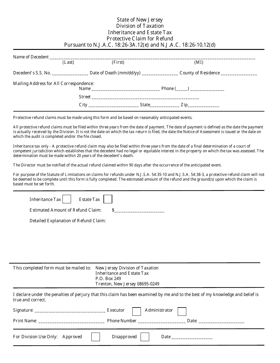 New Jersey Inheritance And Estate Tax Protective Claim For Refund 