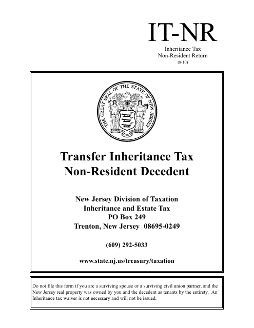 Form IT-NR Transfer Inheritance Tax Non-resident Decedent - New Jersey