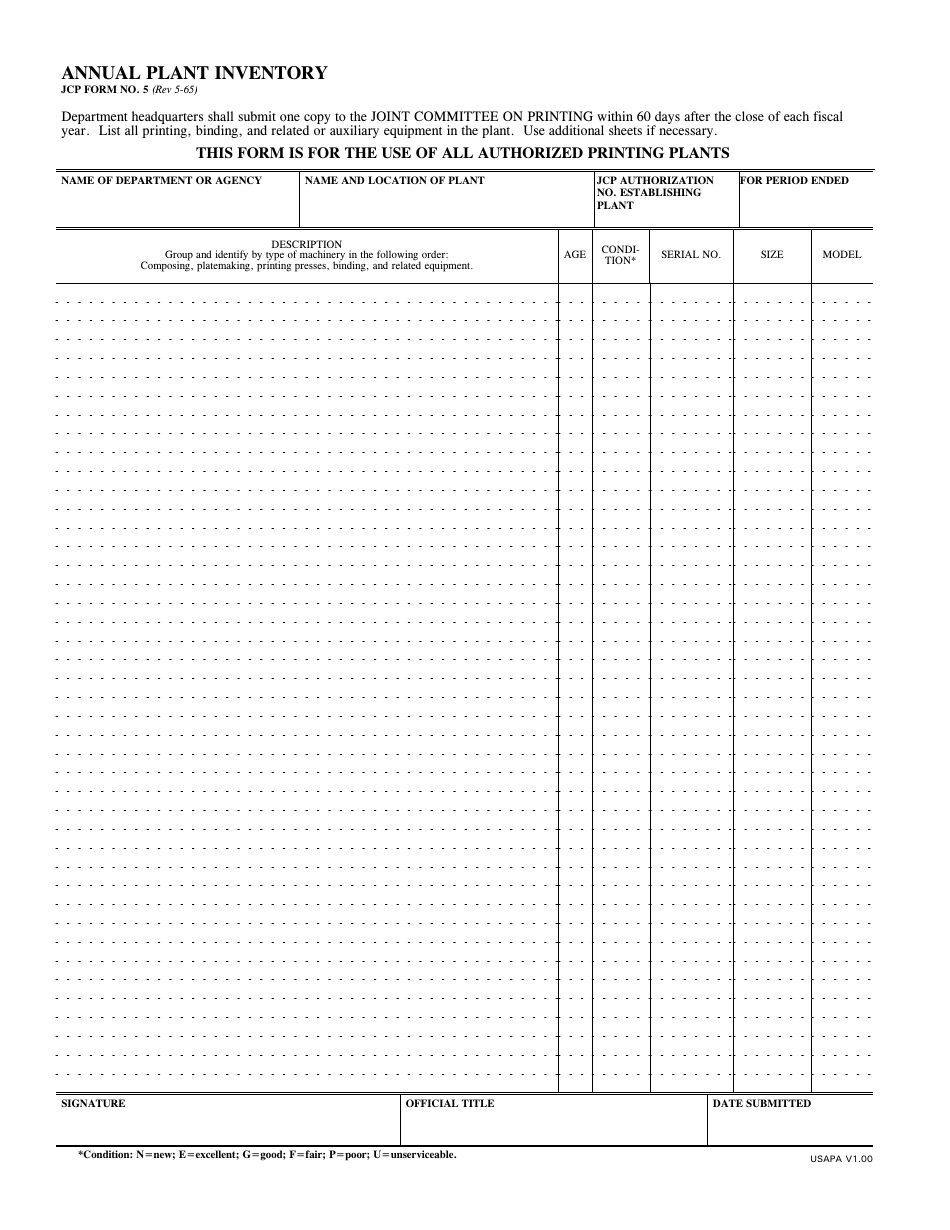 JCP Form 5 Annual Plant Inventory, Page 1