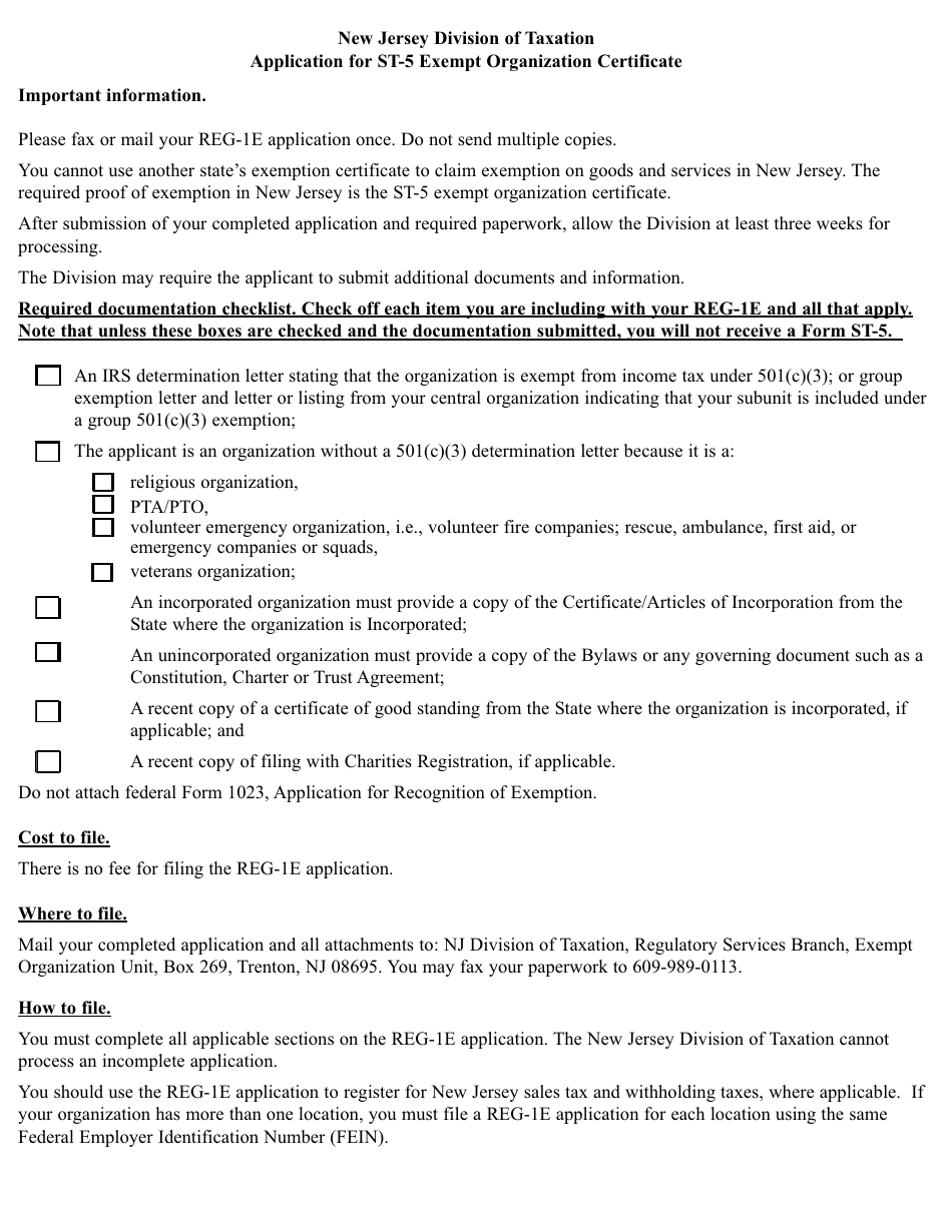 Form REG-1E Application for St-5 Exempt Organization Certificate - for Nonprofit Exemption From Sales Tax - New Jersey, Page 1