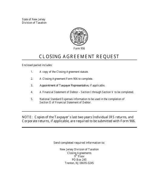 Form 906 Closing Agreement Request - New Jersey