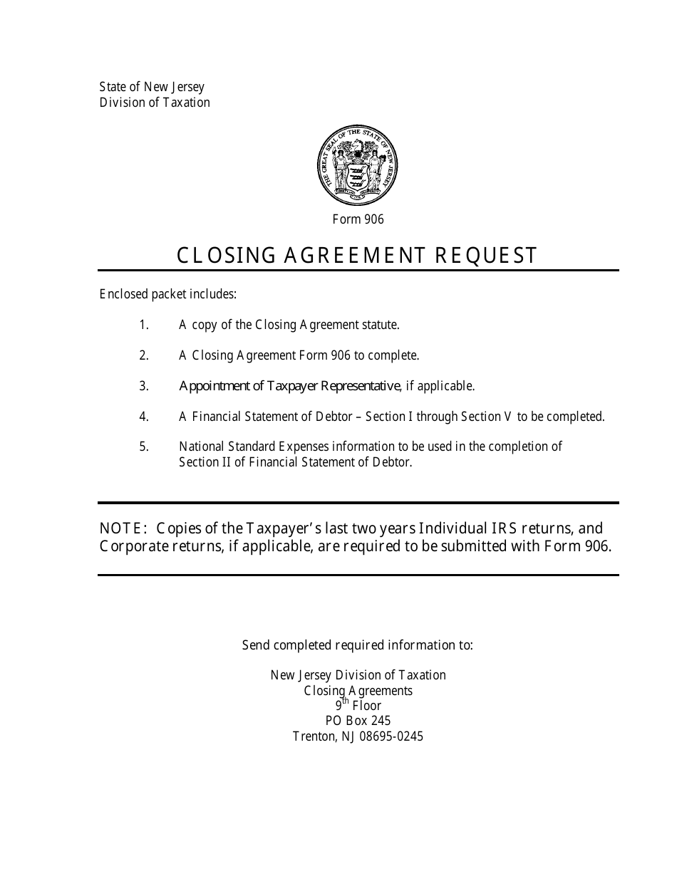 Form 906 Closing Agreement Request - New Jersey, Page 1