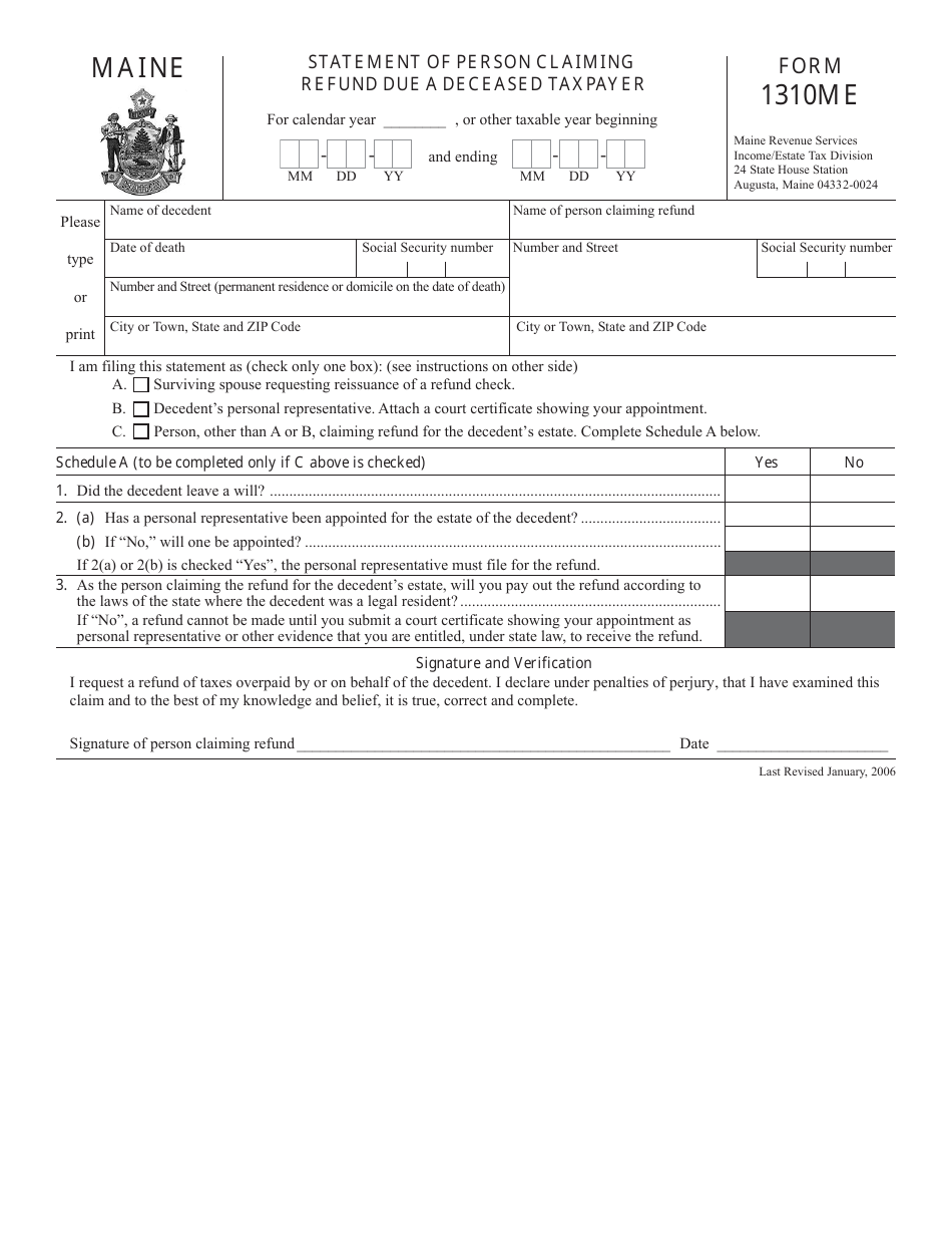 Form 1310ME Statement of Person Claiming Refund Due a Deceased Taxpayer - Maine, Page 1