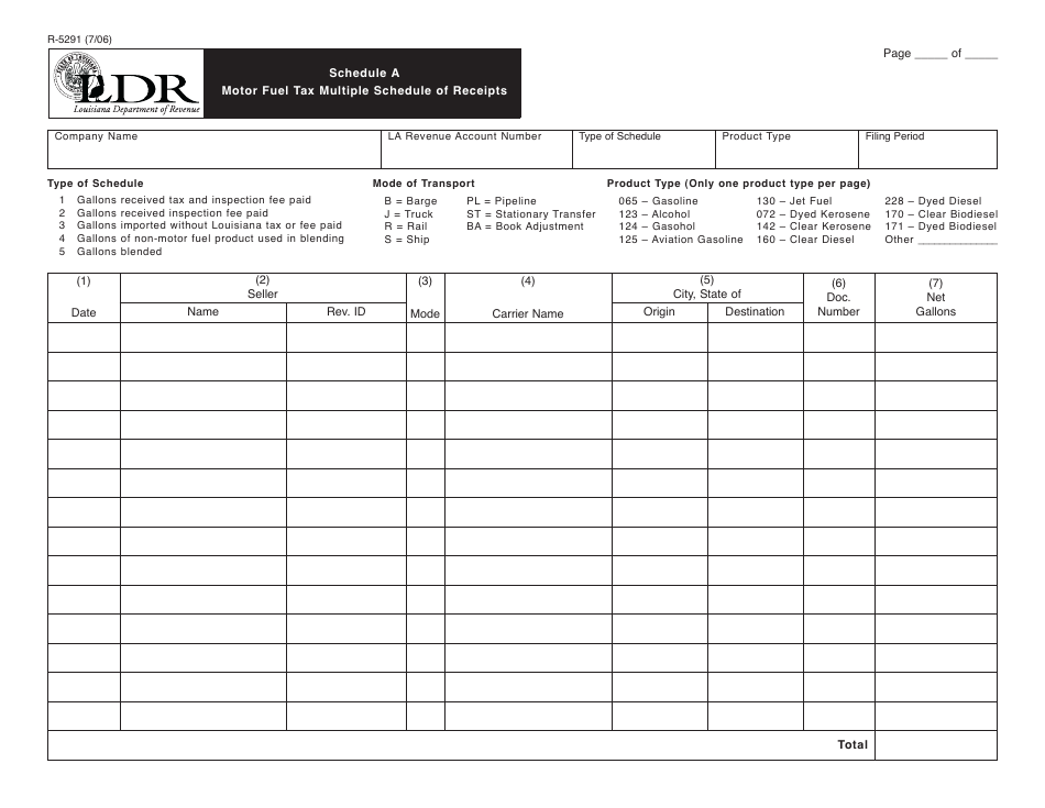 Form R-5291 Schedule A Motor Fuel Tax Multiple Schedule of Receipts - Louisiana, Page 1