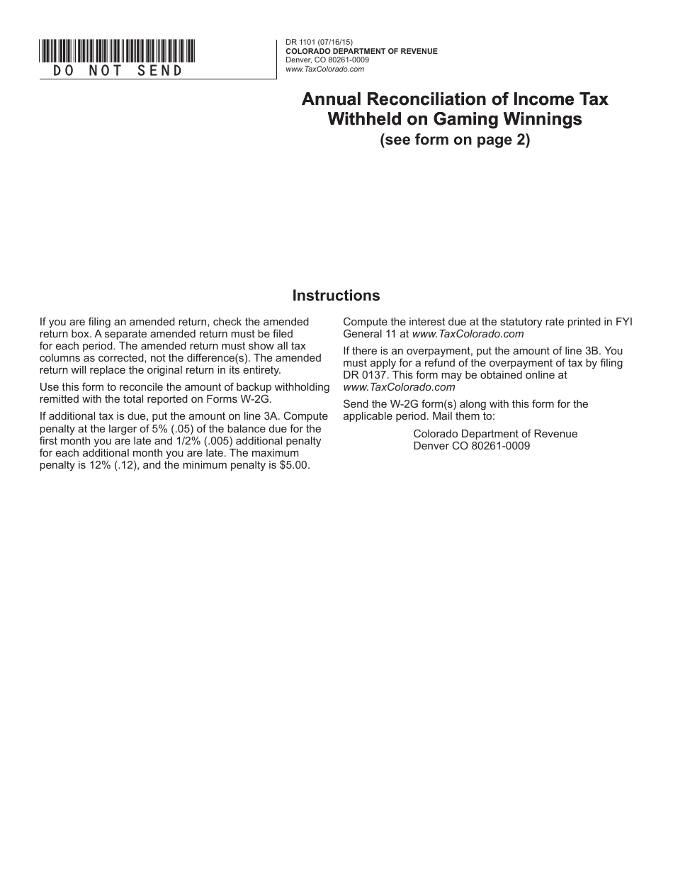 Form DR1101 Annual Reconciliation of Income Tax Withheld on Gaming Winnings - Colorado, Page 1