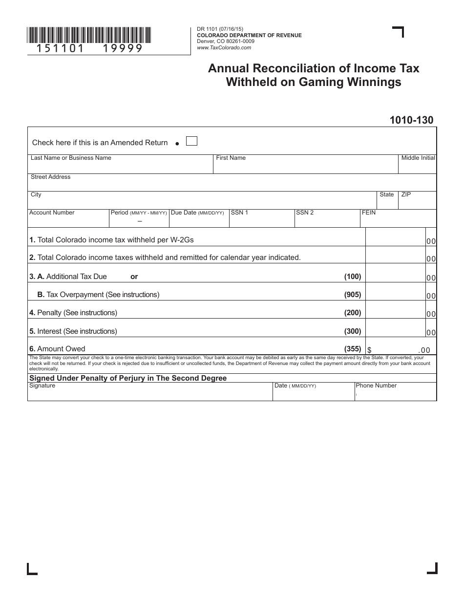 Form DR1101 Annual Reconciliation of Income Tax Withheld on Gaming Winnings - Colorado, Page 2