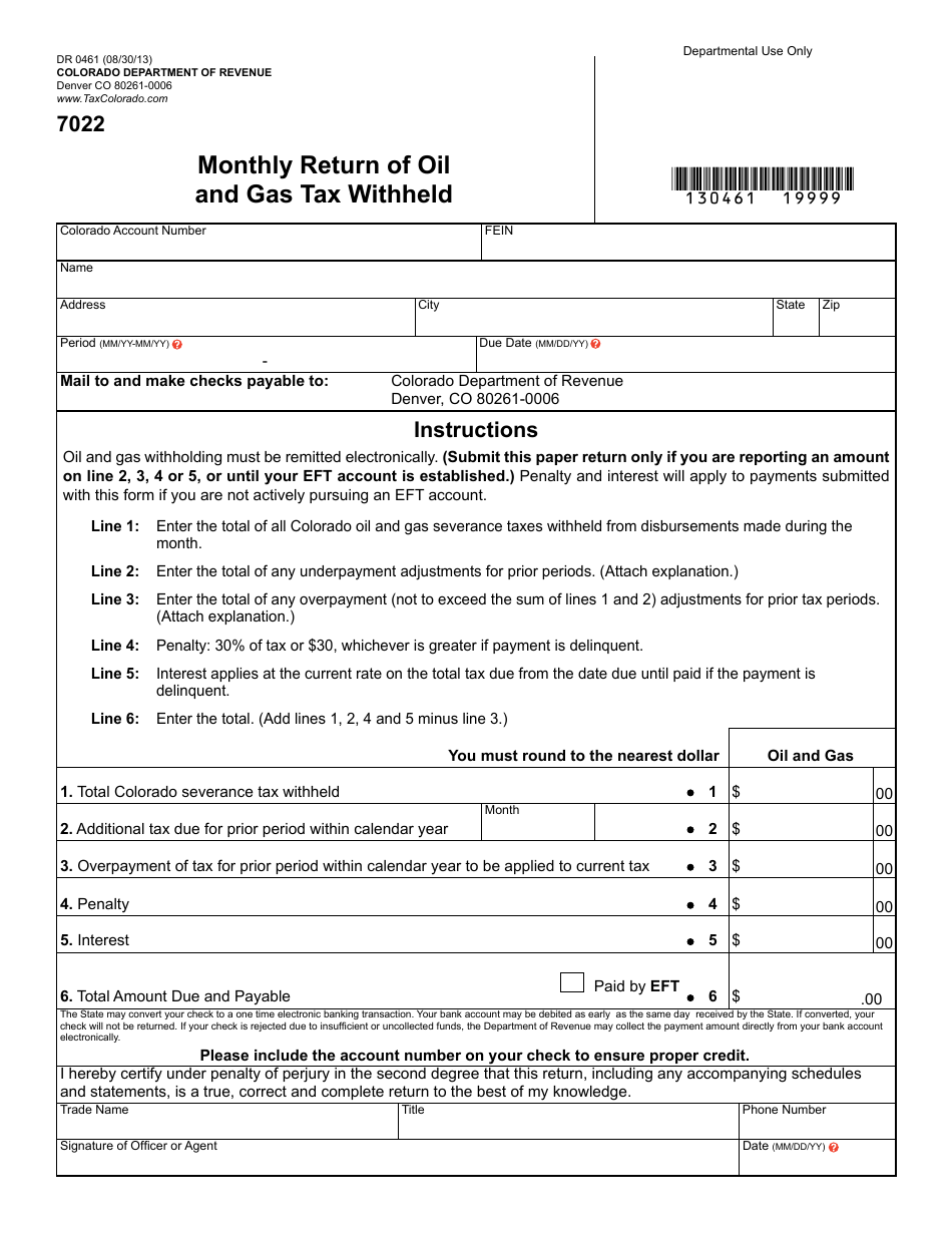 Form DR0461 Monthly Return of Oil and Gas Tax Withheld - Colorado, Page 1