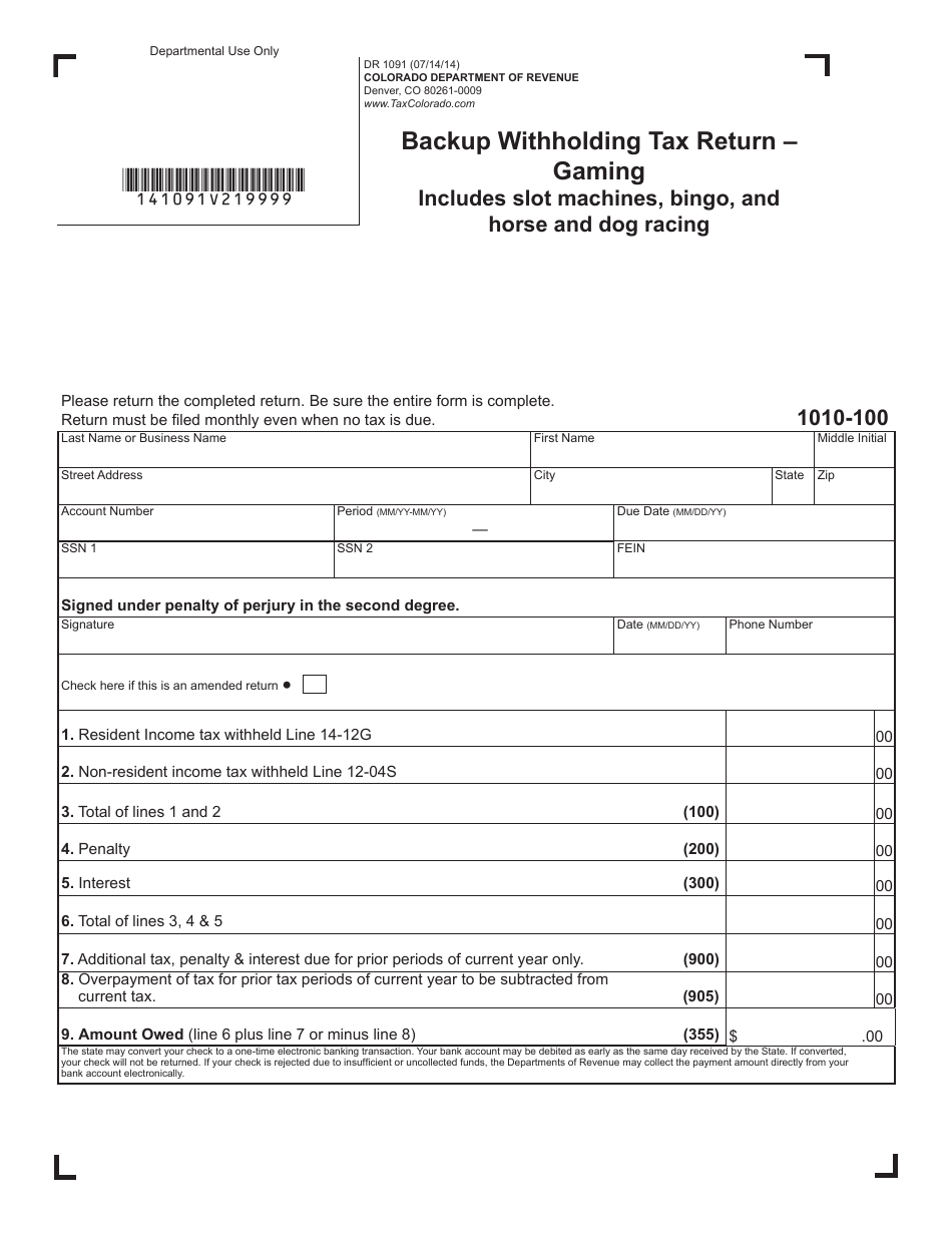 Form DR1091 Backup Withholding Tax Return - Gaming - Colorado, Page 1