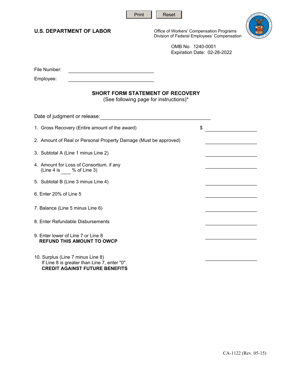 Form CA-1122 Short Form Statement of Recovery, Page 1