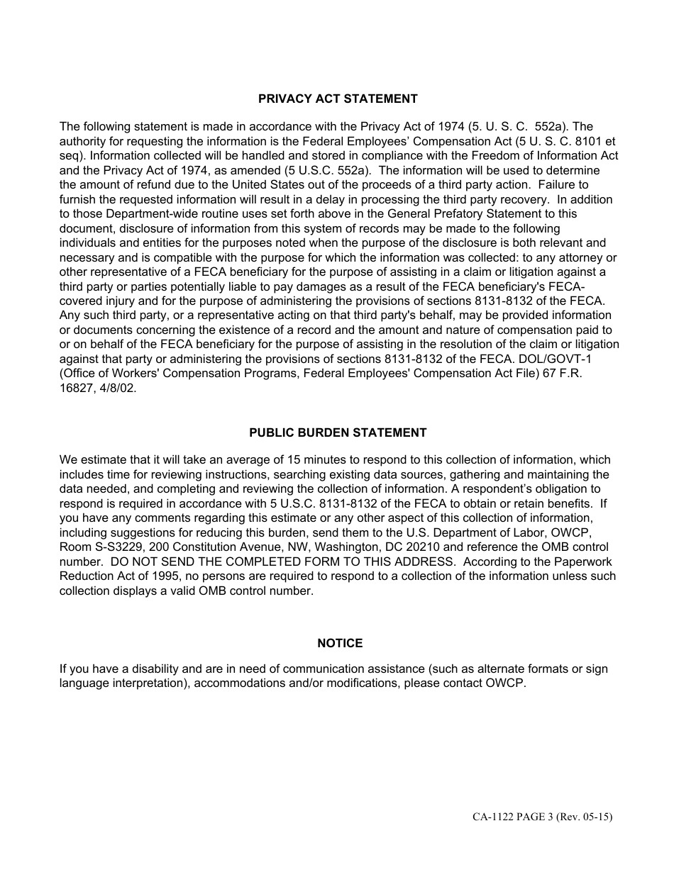 Form CA-1122 Short Form Statement of Recovery, Page 3