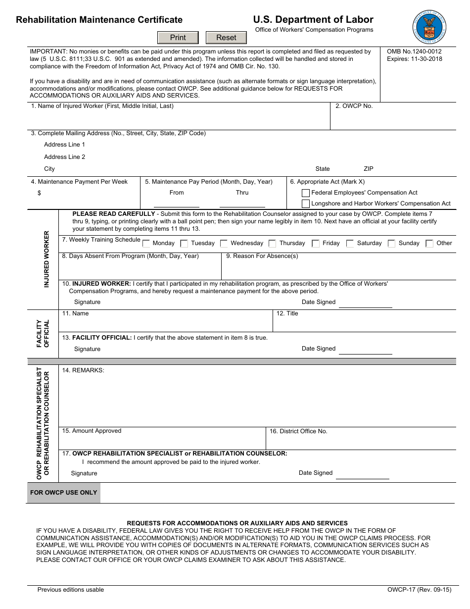 Form OWCP-17 Rehabilitation Maintenance Certificate, Page 1