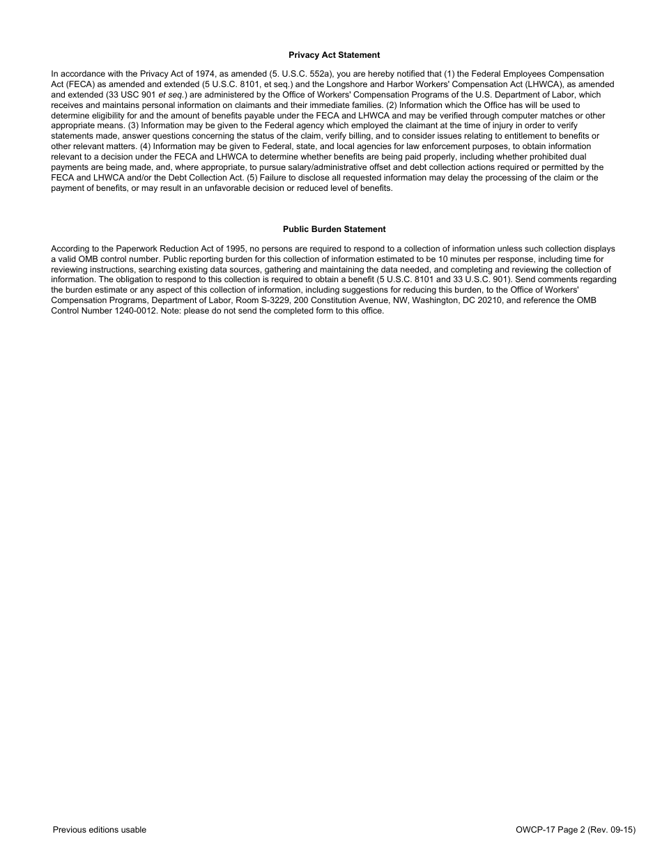 Form OWCP-17 Rehabilitation Maintenance Certificate, Page 2
