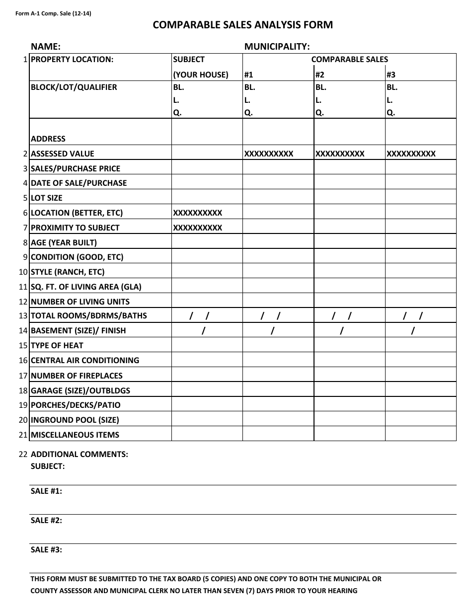 Form A-1 Comparable Sales Analysis Form - New Jersey, Page 1