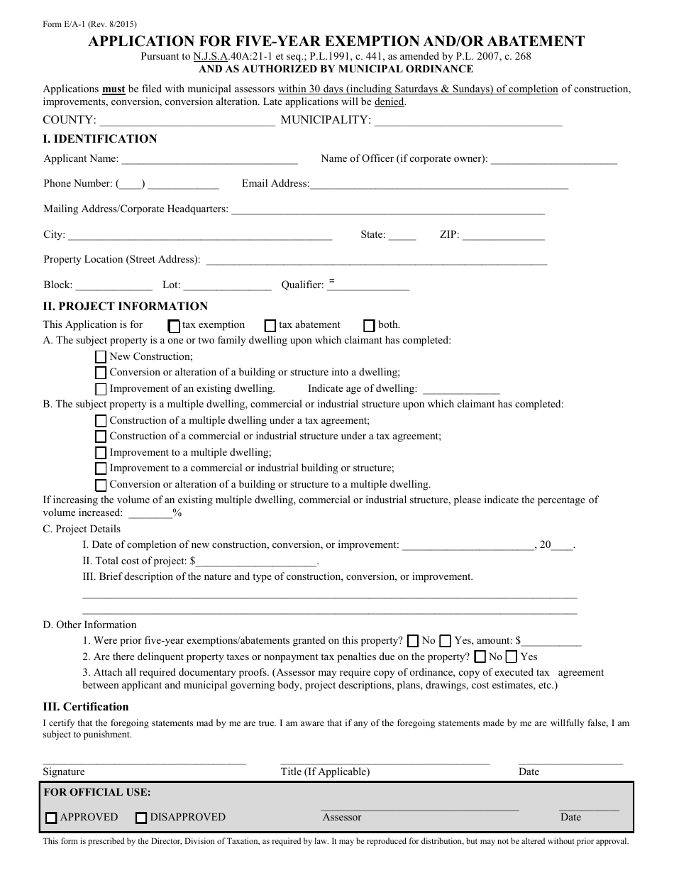 Form E / A-1 Application for Five-Year Exemption and / or Abatement - New Jersey, Page 1