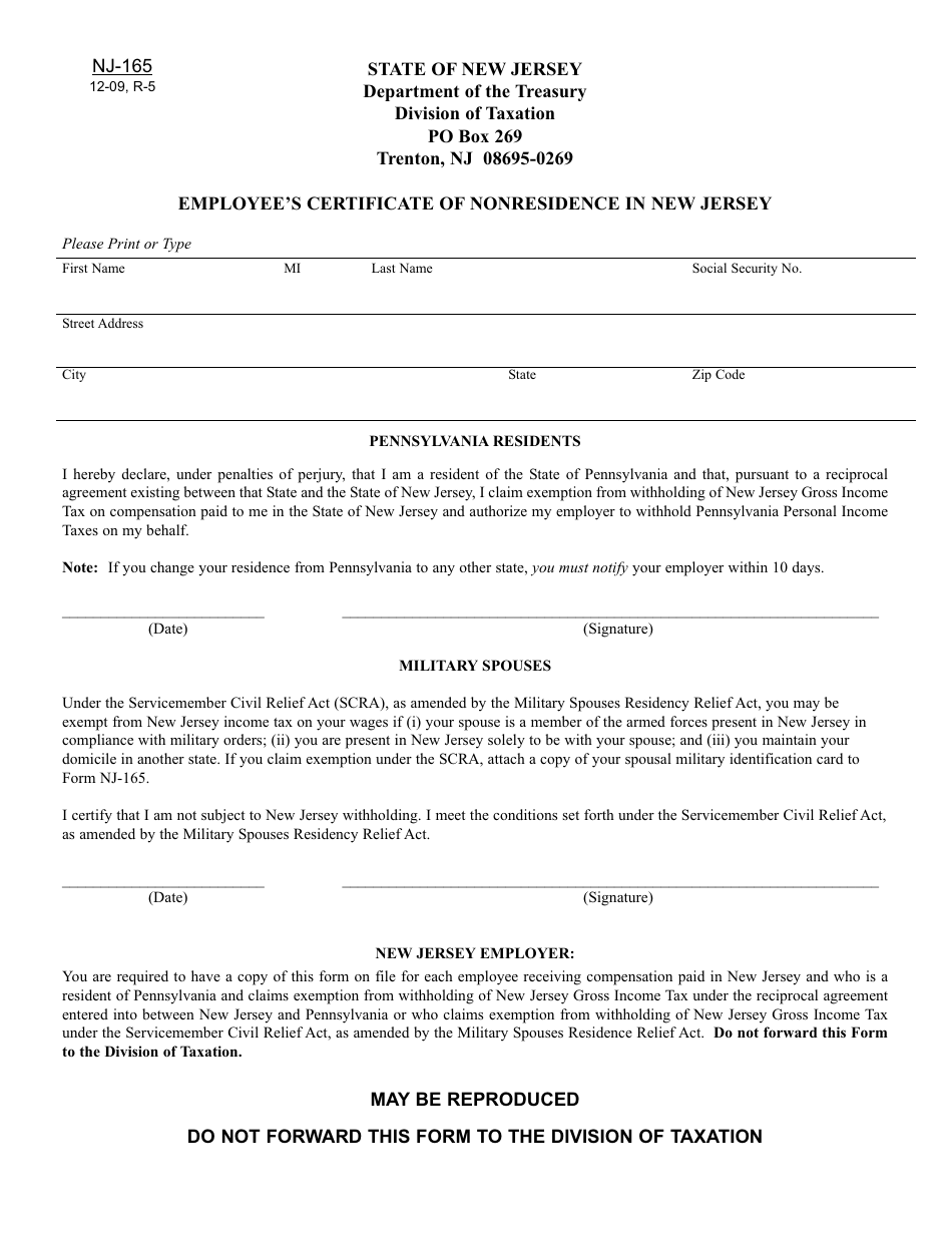 Form NJ-165 Employees Certificate of Non-residence in New Jersey - New Jersey, Page 1