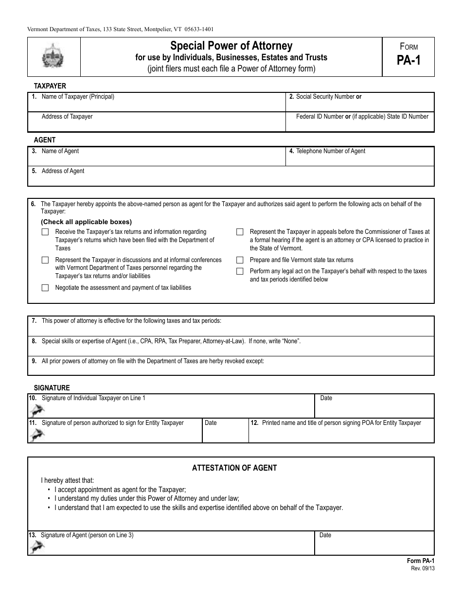 VT Form PA-1 Special Power of Attorney for Use by Individuals, Businesses, Estates and Trusts - Vermont, Page 1