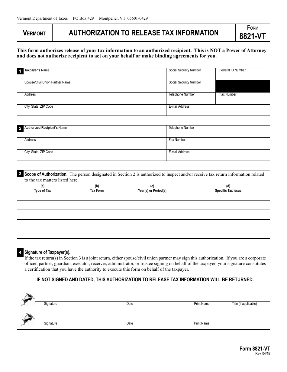 VT Form 8821-VT Authorization to Release Tax Information - Vermont, Page 1