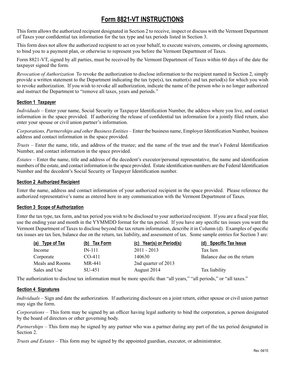 VT Form 8821-VT Authorization to Release Tax Information - Vermont, Page 2