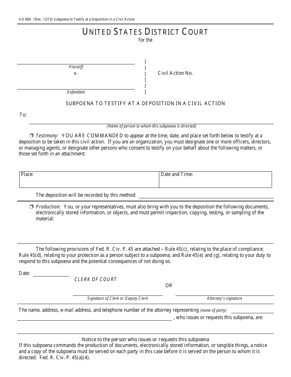 Form AO88A Subpoena to Testify at a Deposition in a Civil Action, Page 1