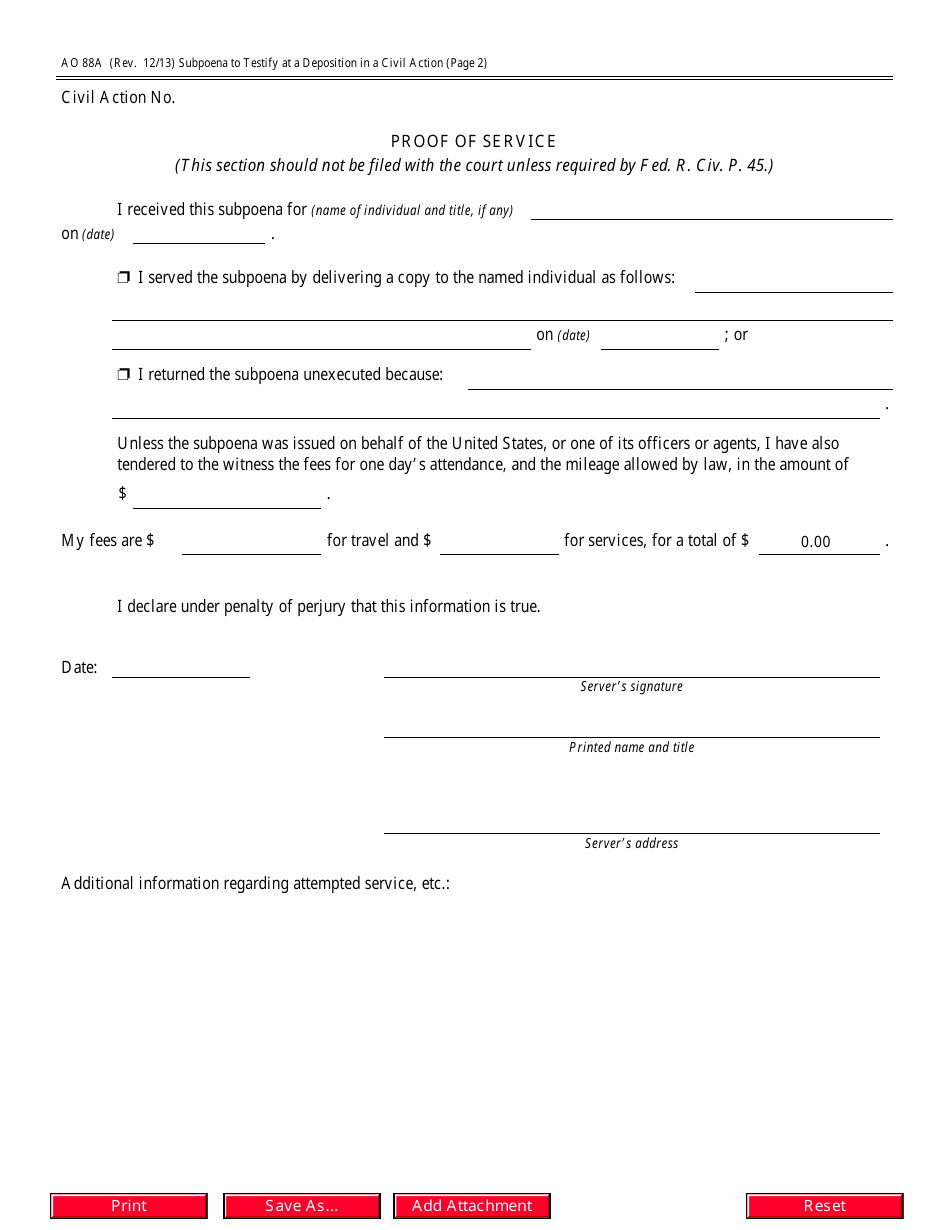 Form AO88A Subpoena to Testify at a Deposition in a Civil Action, Page 2
