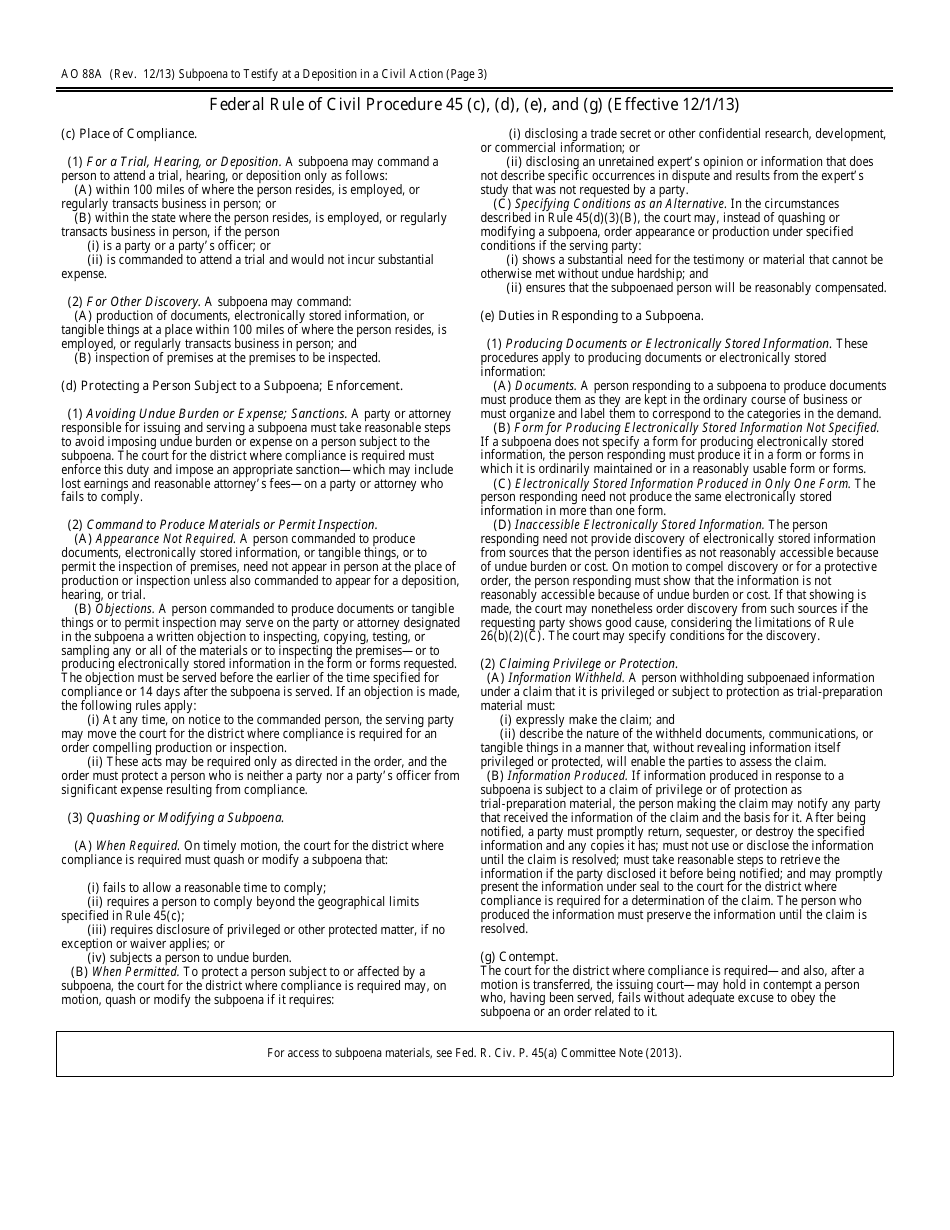 Form AO88A Subpoena to Testify at a Deposition in a Civil Action, Page 3