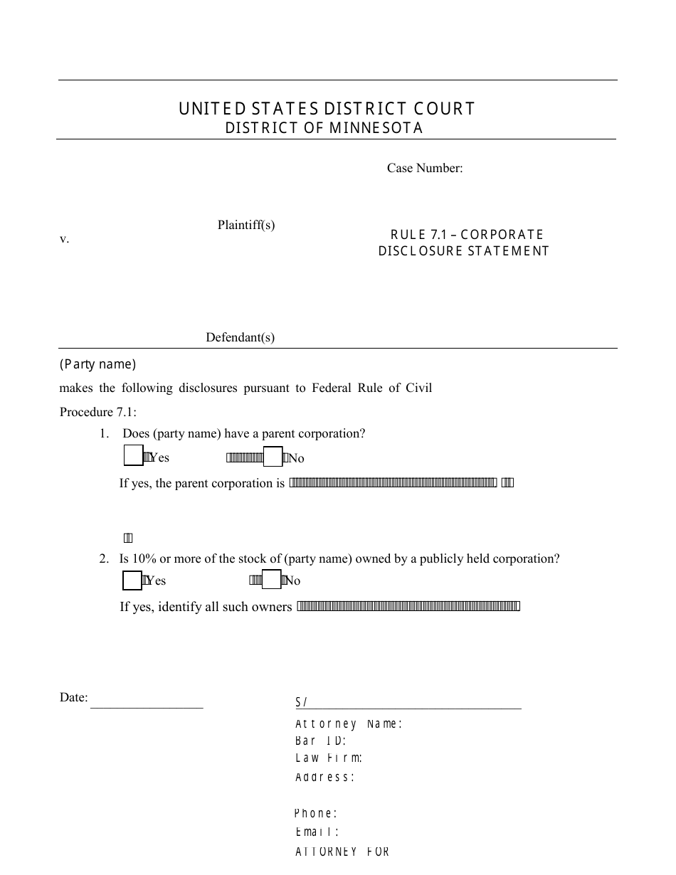Minnesota Rule 7 1 Corporate Disclosure Statement Fill Out Sign